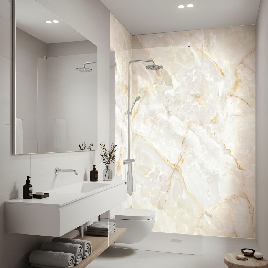 Douche d’angle avec panneaux effet marbre blanc veiné doré, 2 panneaux