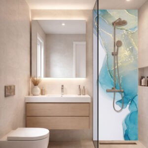 Panneau de douche effet marbre bleu turquoise veiné doré, 1 panneau