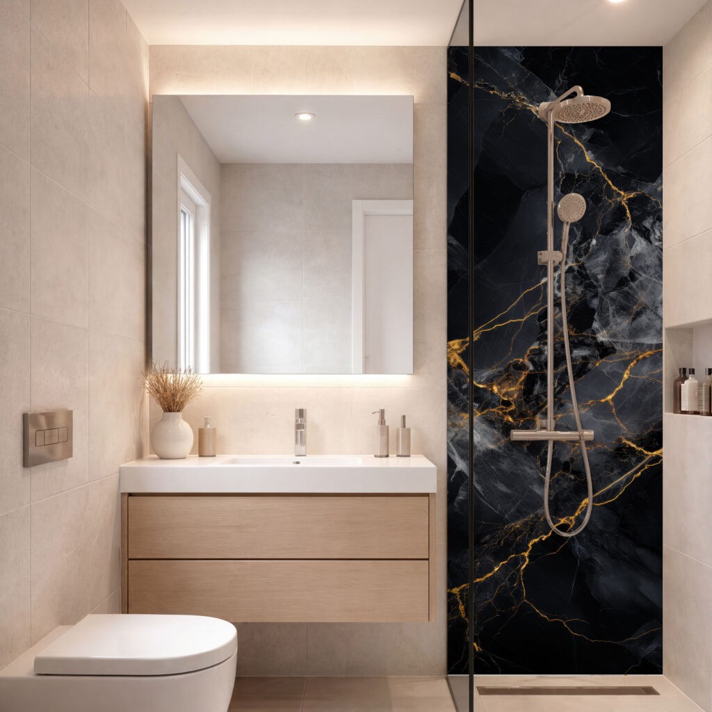 Panneau de douche marbre noir doré, 1 panneau